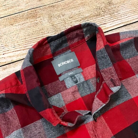 Bonobos Men’s Slim Fit Plaid Flannel Shirt Red Black Gray - Size Large EUC - Picture 3 of 7